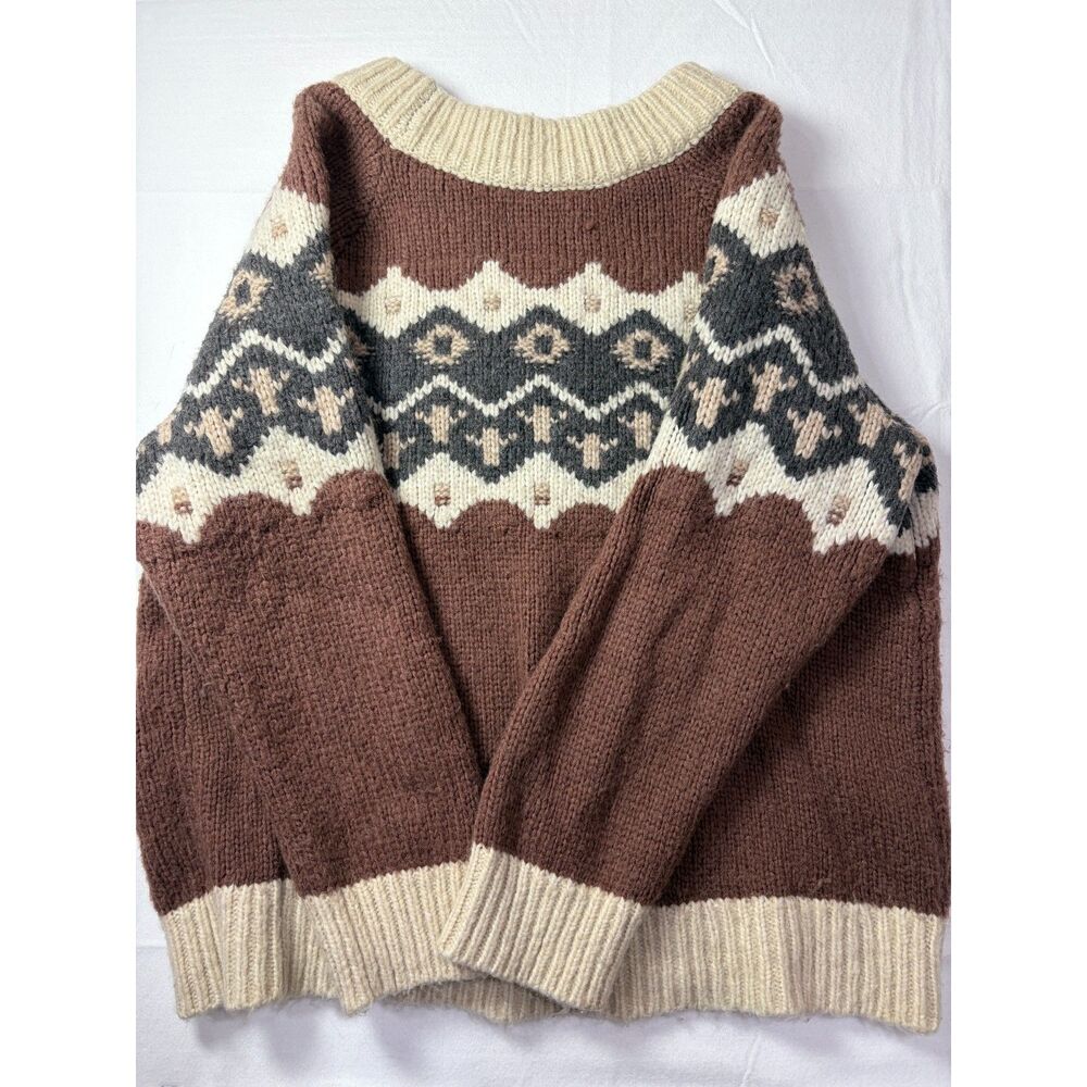 Aerie Fair Isle Wool Blend Chunky Knit Oversized Sweater Brown Cream Large - Picture 3 of 6